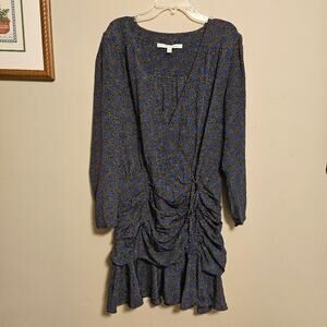 Veronica Beard 8 Black and Blue Dot Lou Lou Ruched Silk Mini Dress Long Sleeve